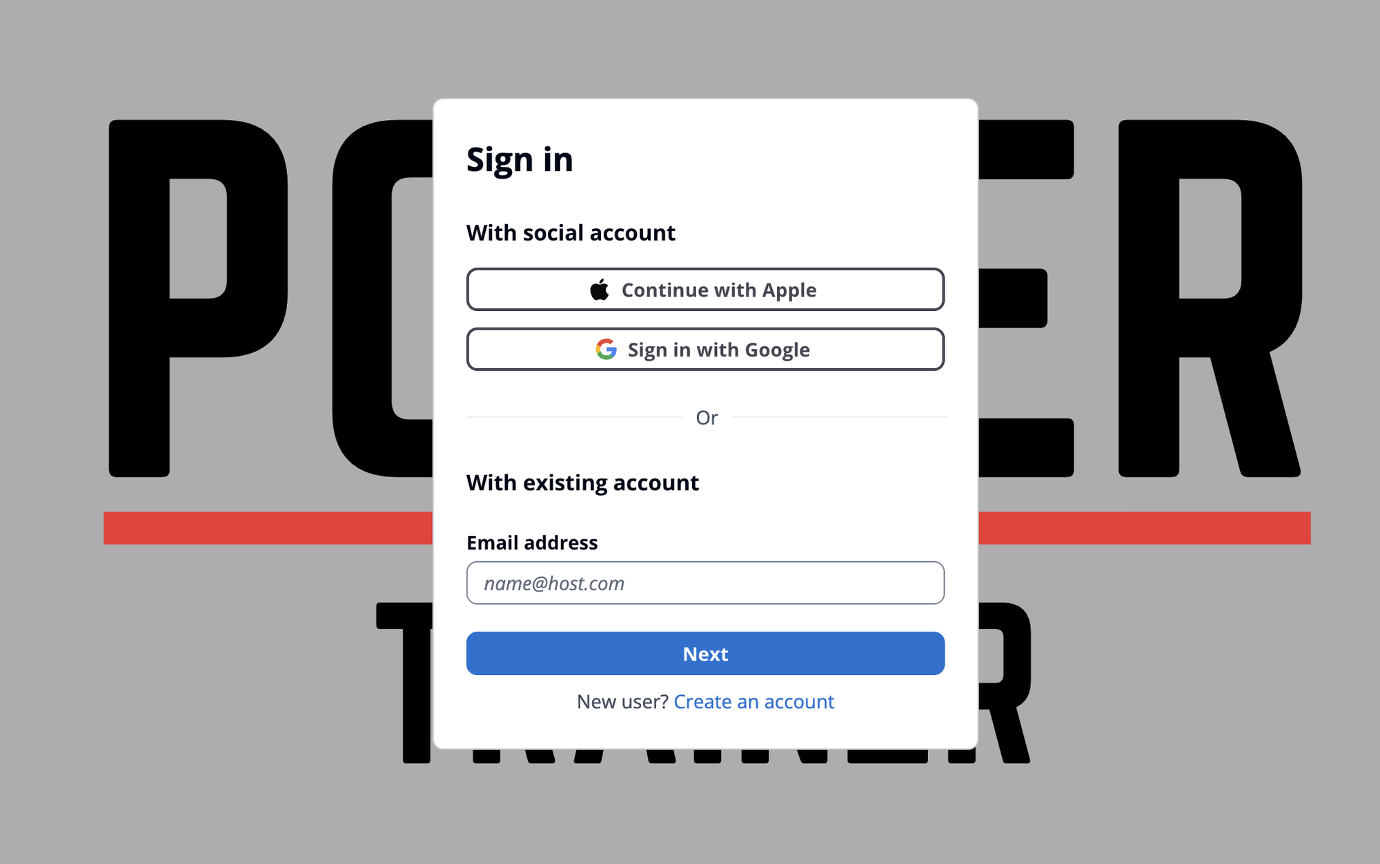 PowerTrainer sign-in screen with the Continue with Apple button highlighted