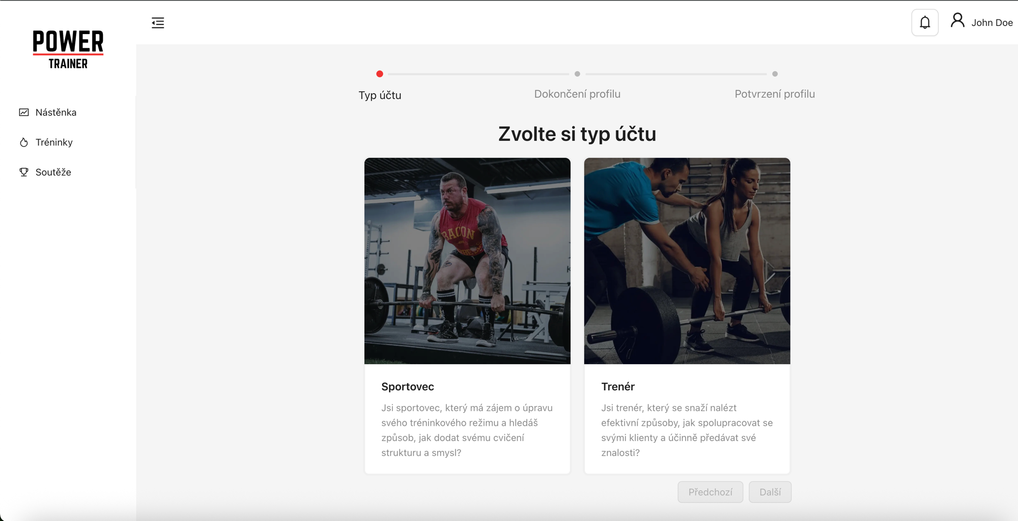 Obrazovka výběru typu účtu s kartami Sportovec a Trenér