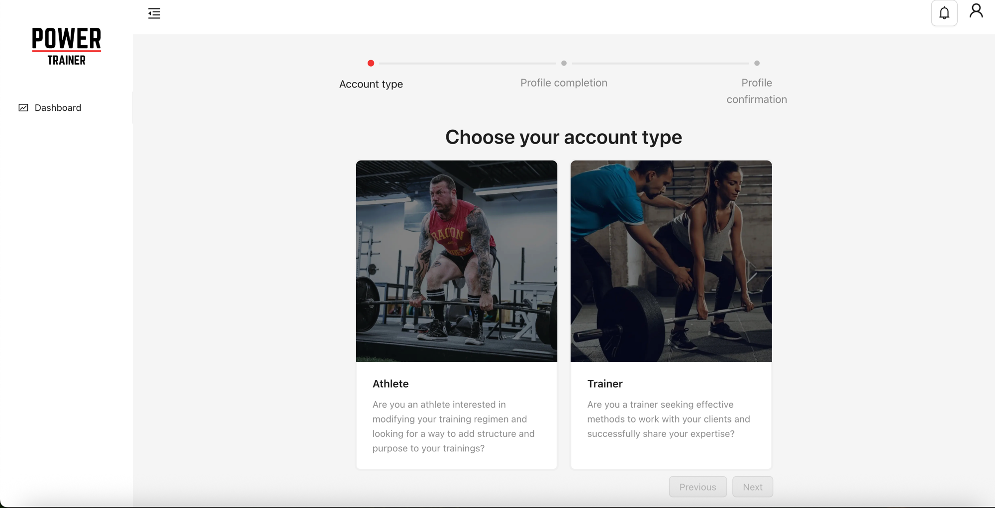 Account type selection screen with Athlete and Trainer cards