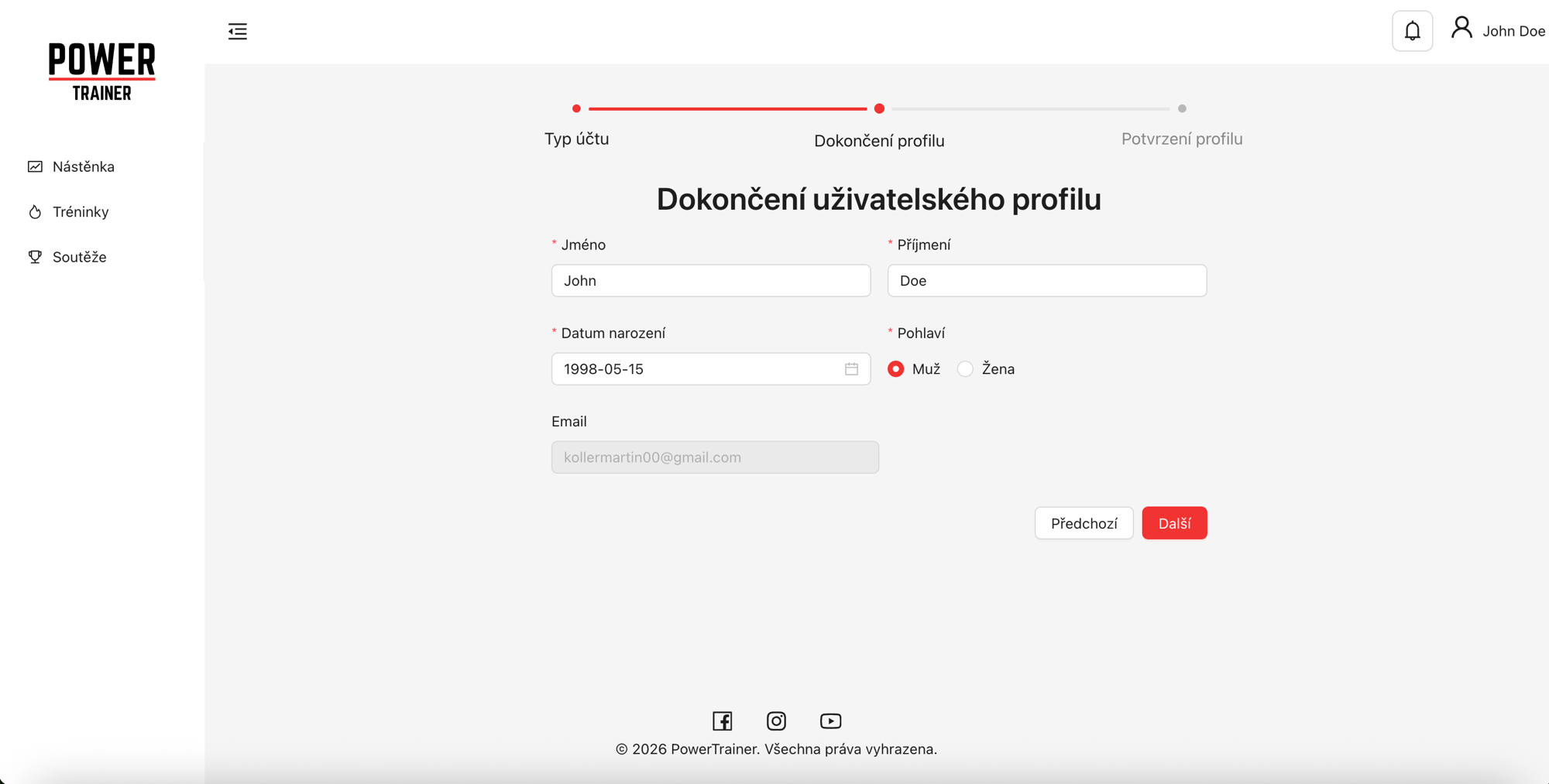 Formulář dokončení uživatelského profilu s poli Jméno, Příjmení, Datum narození, Pohlaví a Email