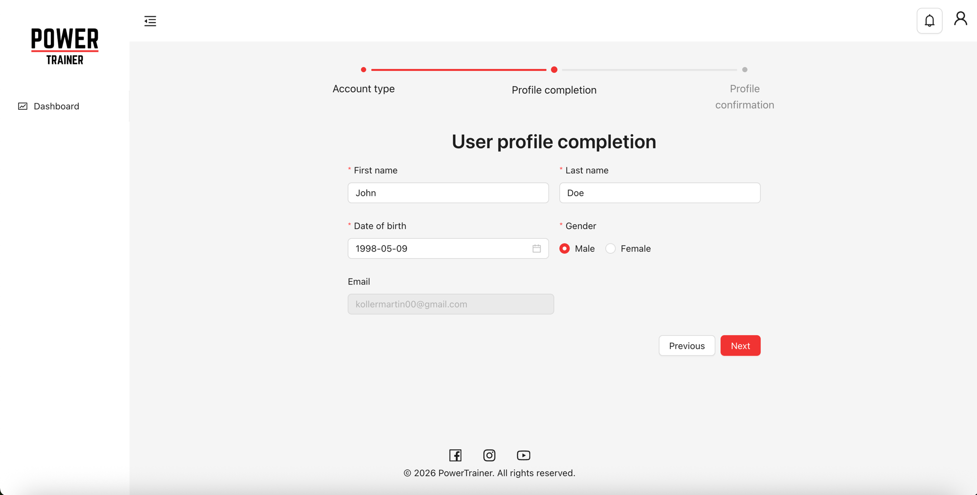 User profile completion form with first name, last name, date of birth, gender, and email fields