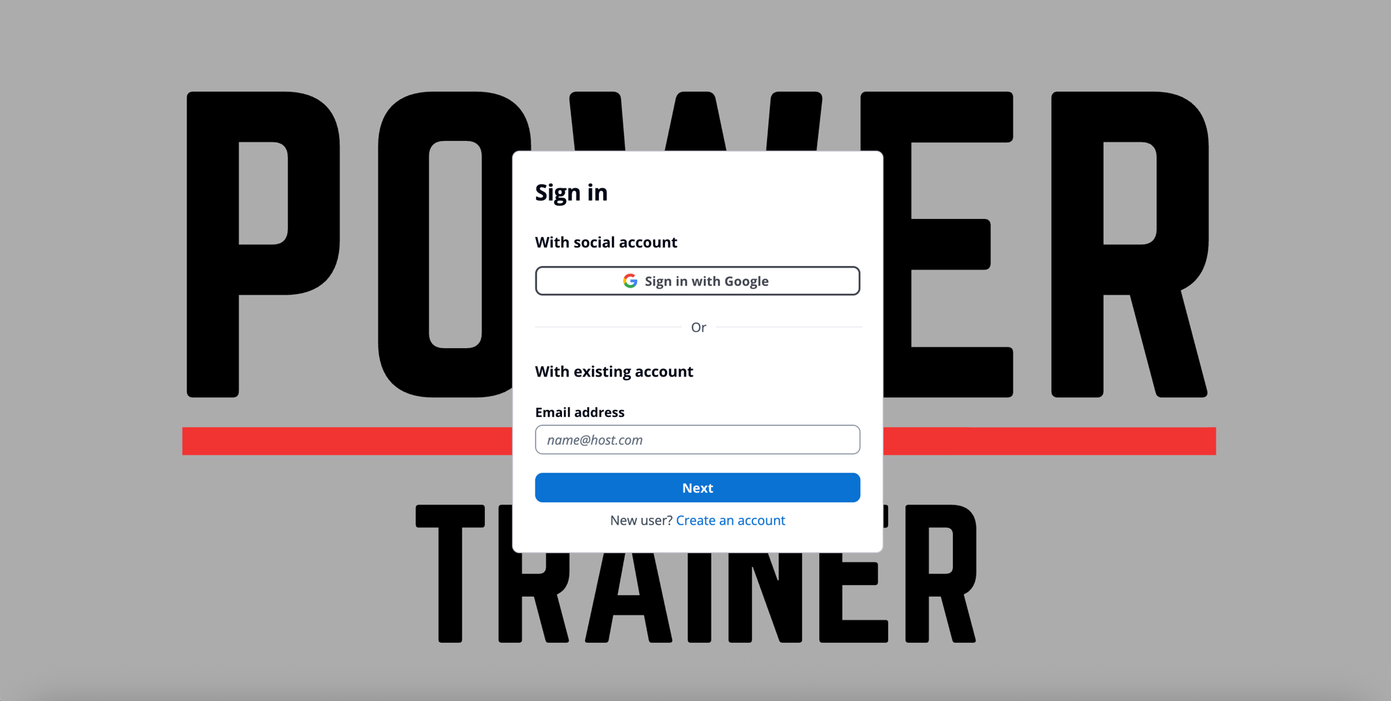 PowerTrainer sign-in screen with the "Create an account" link highlighted