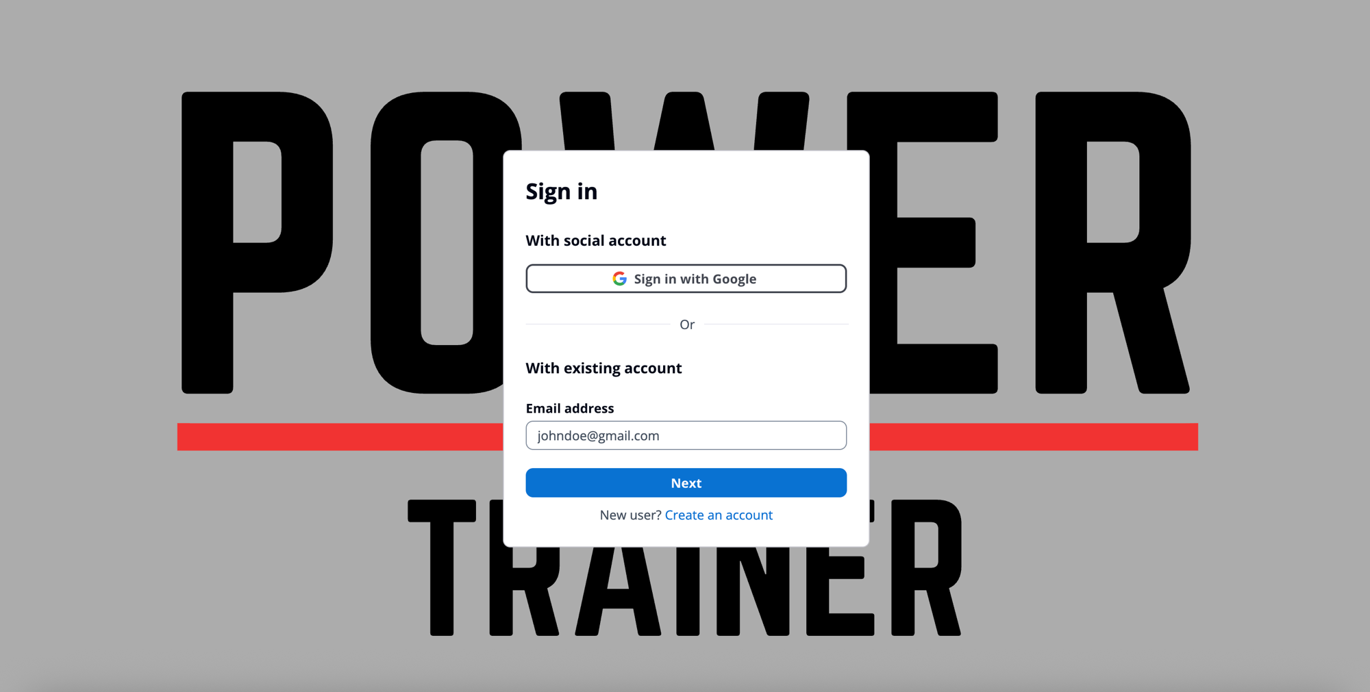 Sign-in screen with the email address field under With existing account and a Next button
