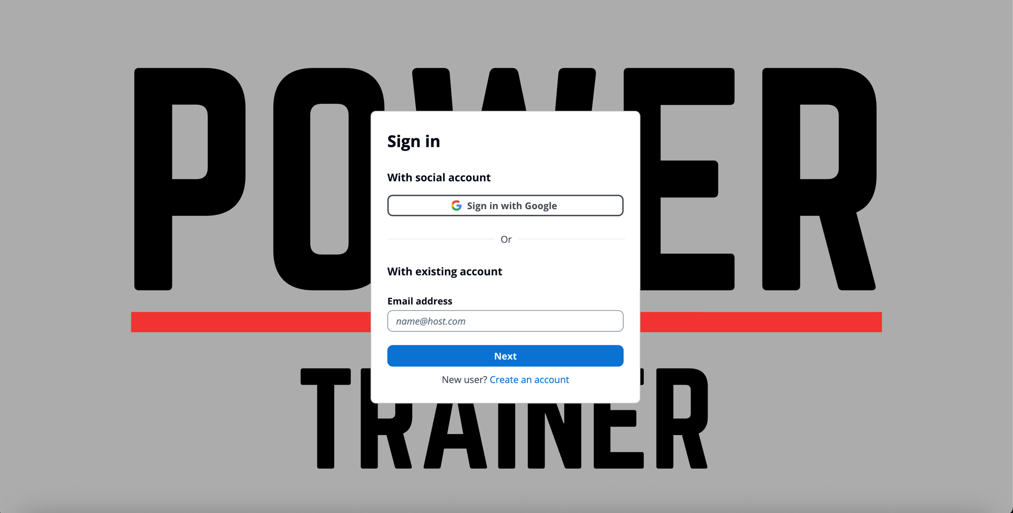 PowerTrainer sign-in screen with the Sign in with Google button highlighted