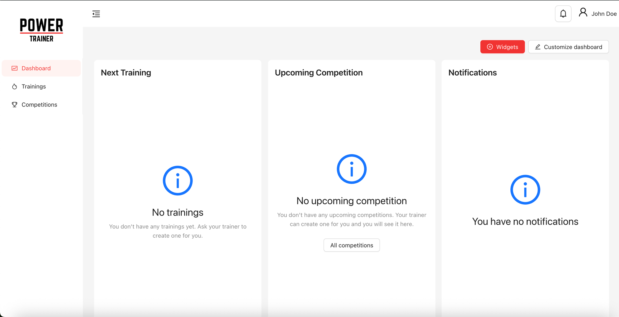 PowerTrainer dashboard with Next Training, Upcoming Competition, and Notifications widgets