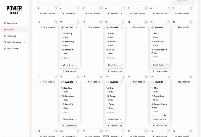 Training editor — building a session set by set